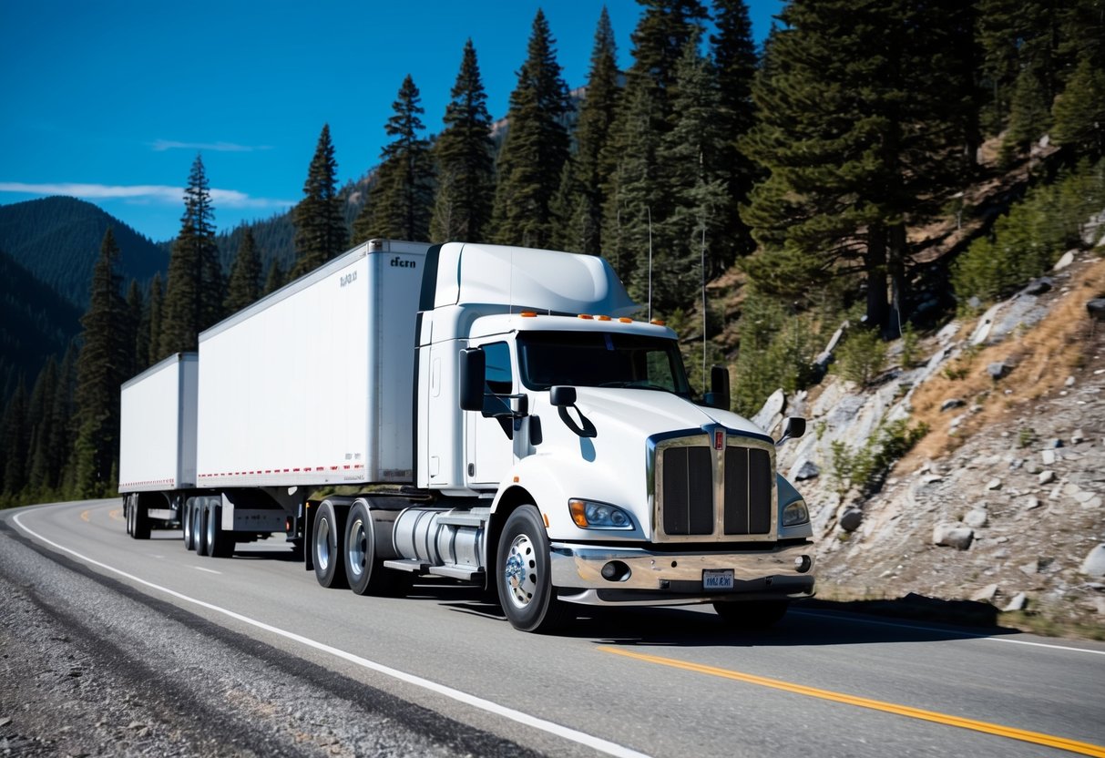 A Kenworth truck navigating a rugged mountain road, with a clear blue sky and a backdrop of towering pine trees