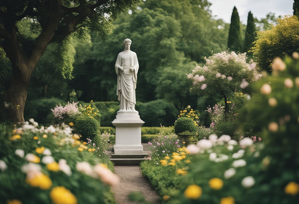 A peaceful garden with a memorial statue surrounded by blooming flowers and lush greenery