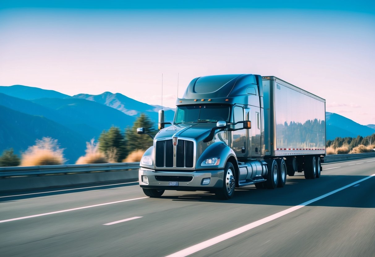 A Kenworth semi truck driving along a scenic highway, with mountains in the background and a clear blue sky above