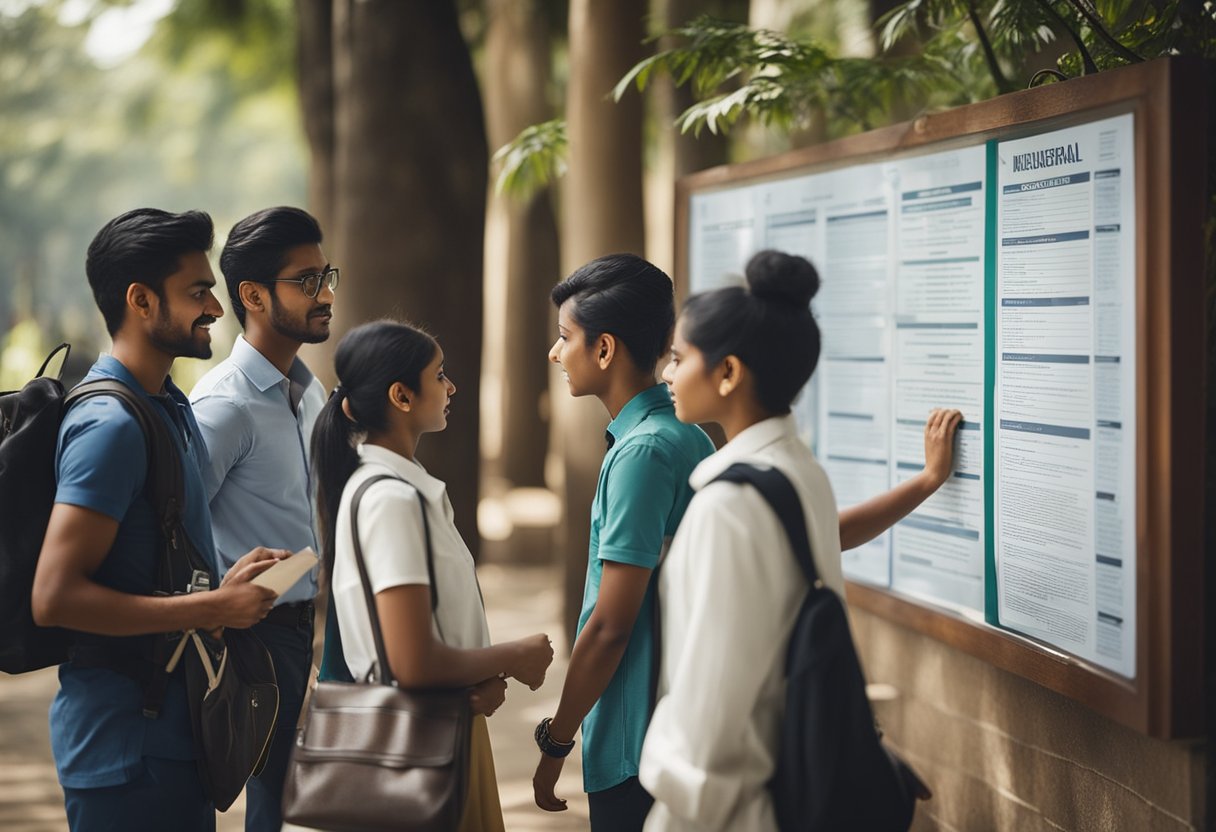 A group of diverse students gathered around a notice board, eagerly reading the eligibility criteria for Jawaharlal Nehru Memorial Fund Scholarships