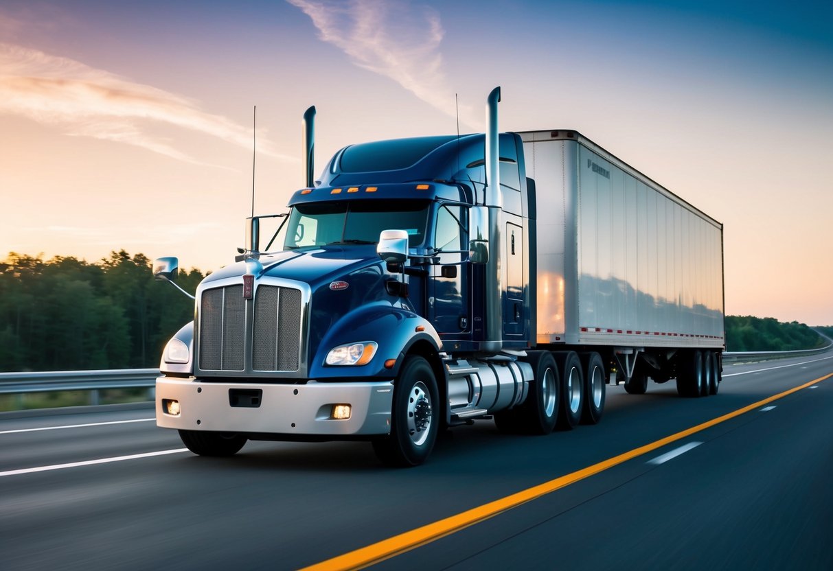 A Kenworth semi truck roaring down a long stretch of highway, exuding power and strength