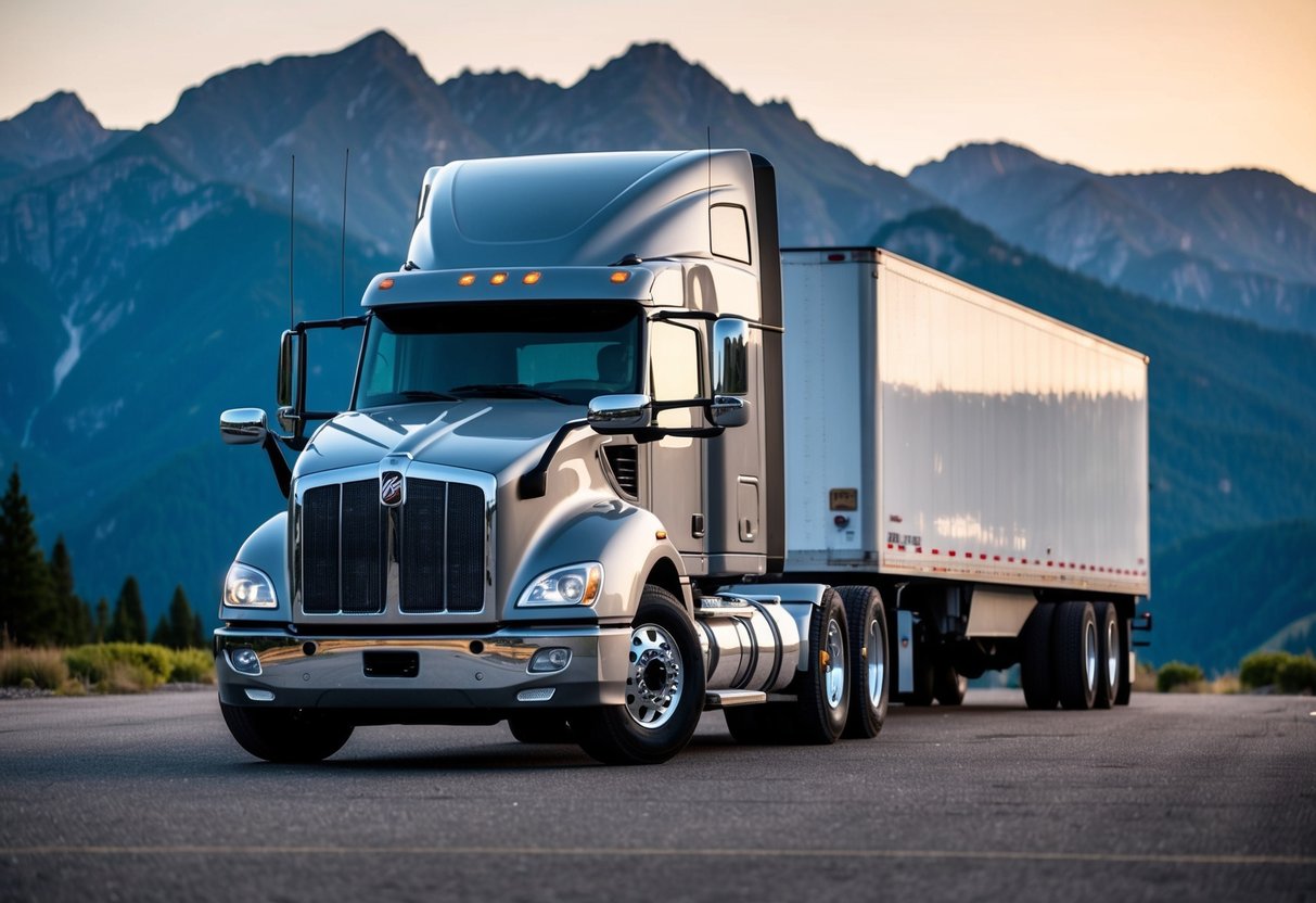 A Kenworth semi truck parked in front of a mountainous landscape, with its powerful engine running and exhaust billowing