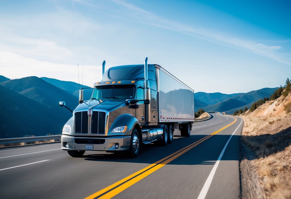 A Kenworth semi truck navigating a winding mountain road, with a clear blue sky and rolling hills in the background