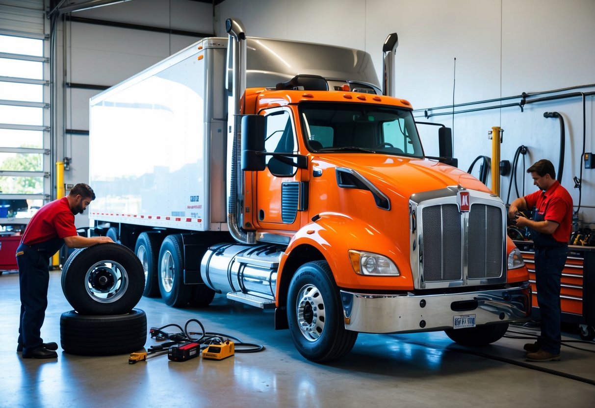 A Kenworth semi truck parked in a maintenance garage, surrounded by tools and equipment. A mechanic is inspecting the engine while another is checking the tires