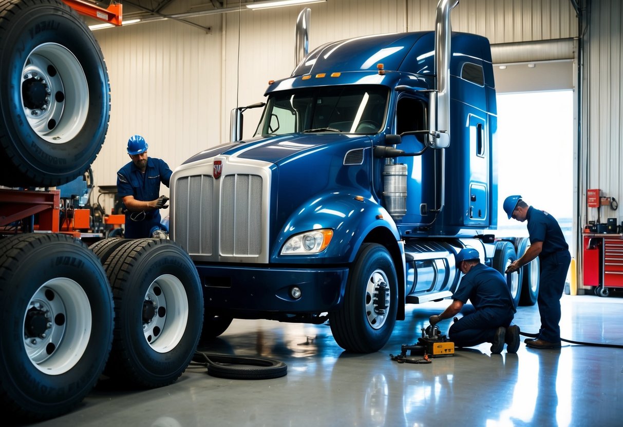 A Kenworth semi truck being repaired in a well-lit mechanic shop, with a mechanic working on the engine while another examines the tires