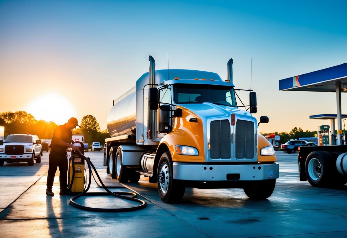 A Kenworth truck parked at a gas station, with the driver filling up the tank with diesel oil. The truck is surrounded by other vehicles, and the sun is setting in the background