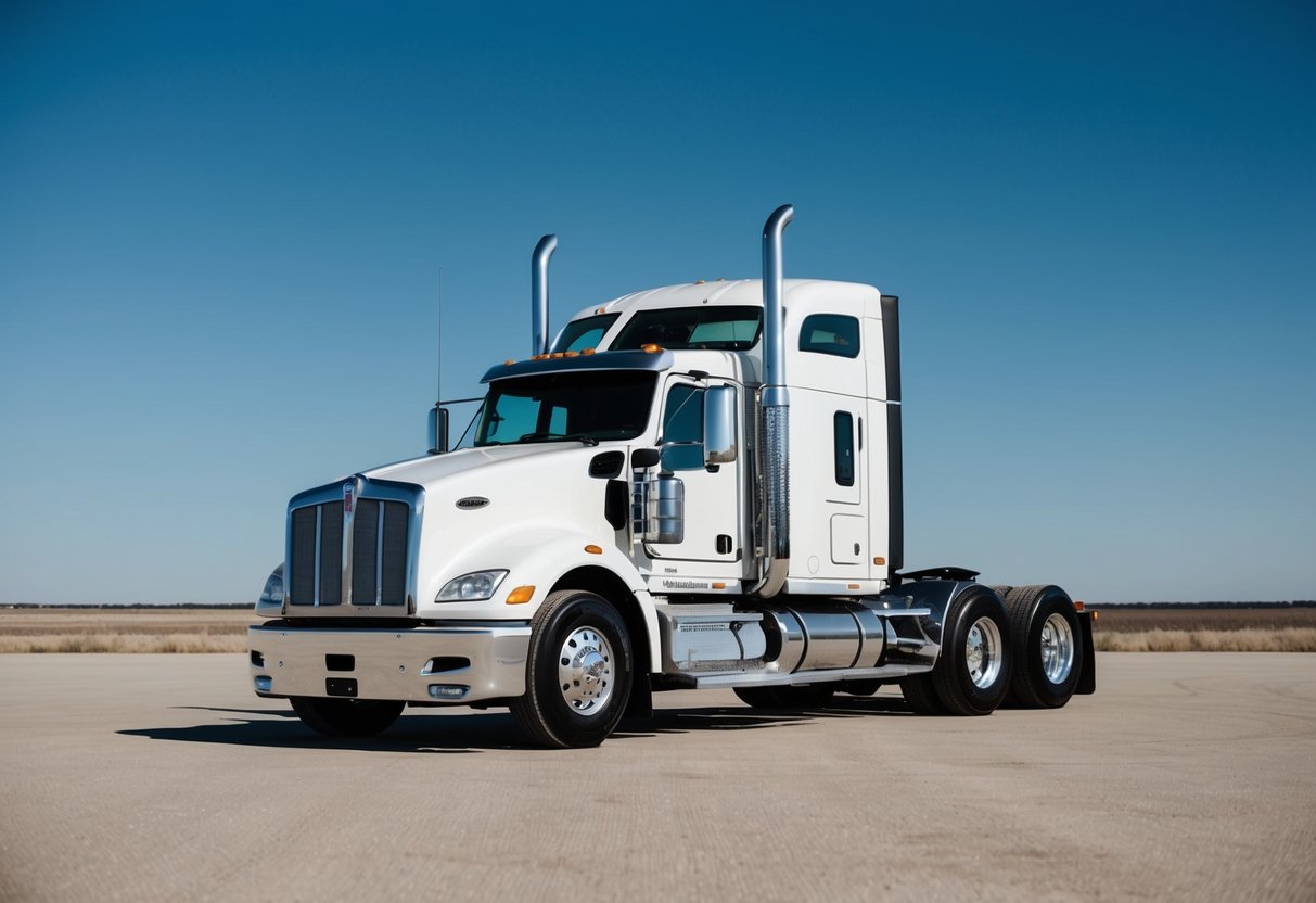 A Kenworth semi truck parked in a vast, open landscape, with a clear blue sky above. The truck is depicted in pristine condition, highlighting its durability and reliability