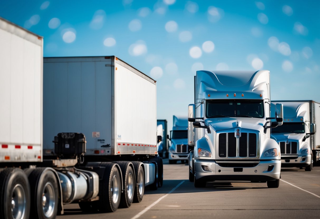 A Kenworth semi truck parked next to a row of other trucks, with a clear blue sky in the background