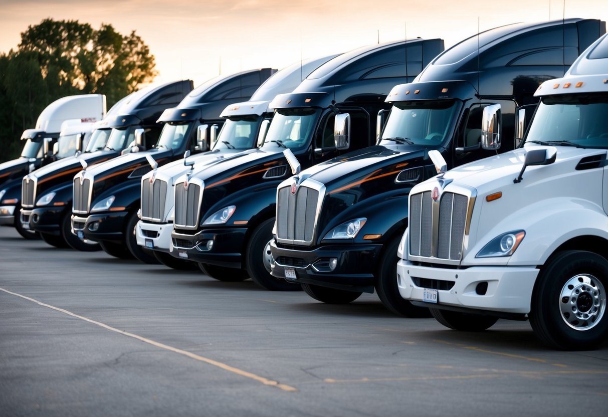 A lineup of Kenworth semi trucks parked in a row, showcasing various models and designs. Each truck exudes power and reliability, highlighting Kenworth's reputation as a top-quality truck brand