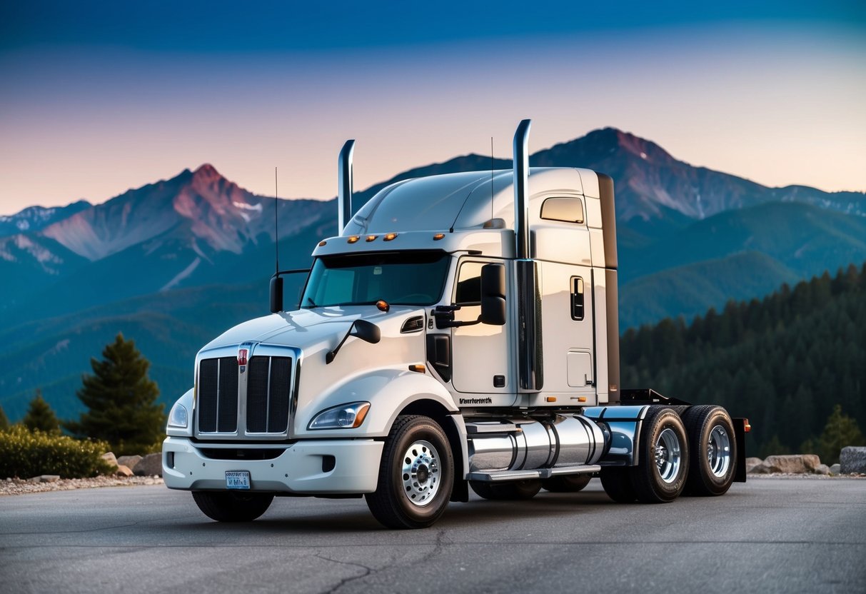 A Kenworth truck parked in front of a scenic mountain backdrop