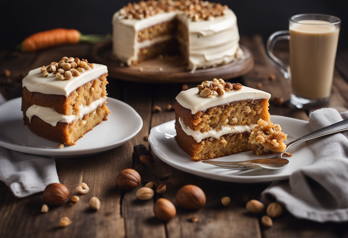 Um bolo de cenoura fofinho com creme de avelã em uma mesa rústica de madeira