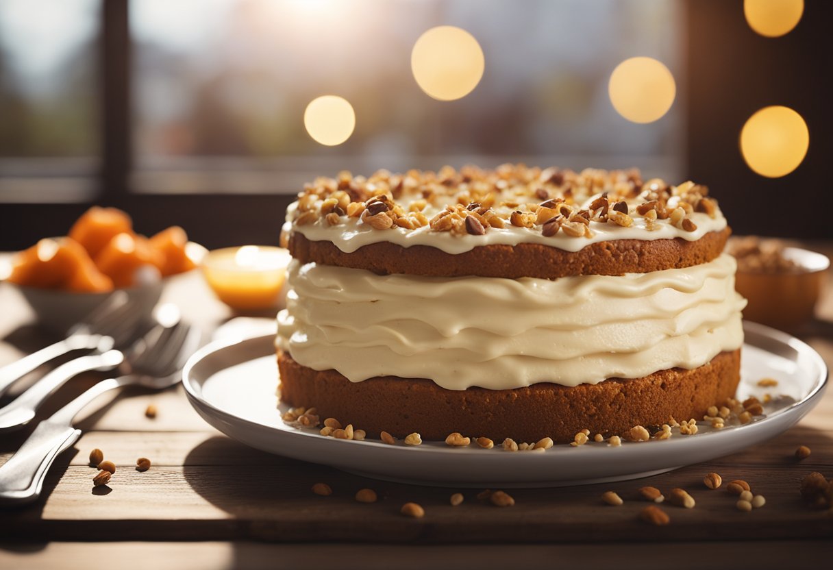 Um bolo de cenoura fofinho está sobre uma mesa de madeira rústica, coberto com uma camada suave de creme de avelã e polvilhado com nozes trituradas. A luz do sol entra por uma janela próxima, lançando um brilho quente sobre a deliciosa sobremesa.