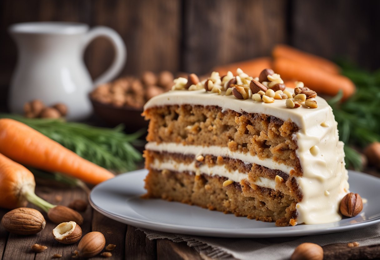 Um bolo de cenoura fofinho coberto com creme de avelã está sobre uma mesa rústica de madeira, cercado por cenouras frescas e uma pitada de nozes picadas.