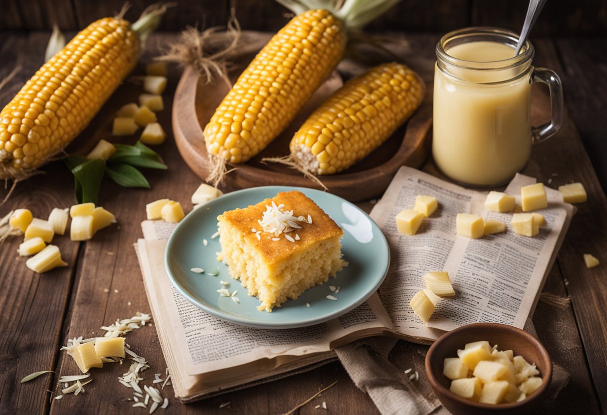 Um bolo de milho caseiro com coco ralado por cima, em uma mesa de madeira rústica cercada por espigas de milho frescas e um livro de receitas vintage.