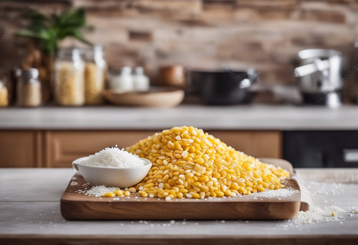 Uma bancada de cozinha rústica com ingredientes e utensílios para fazer bolo de milho caseiro com coco ralado