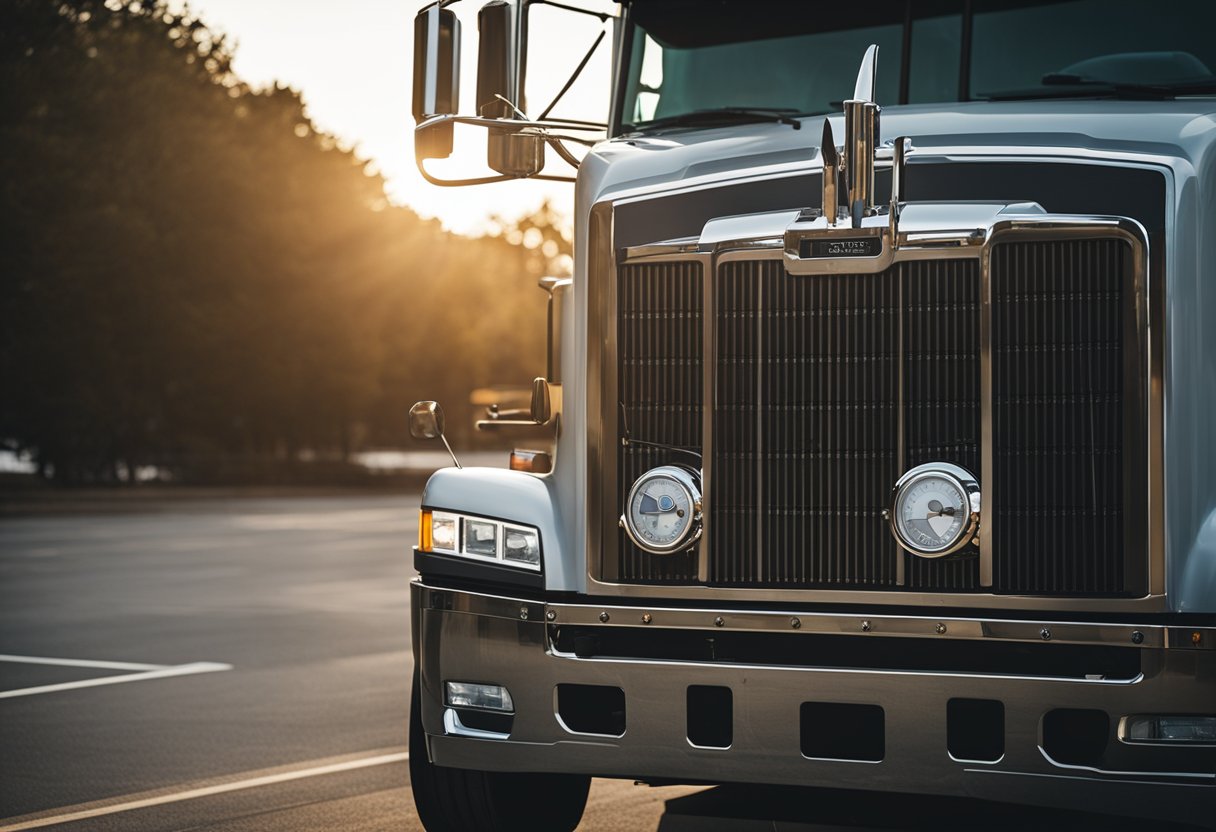 A semi truck parked with the hood open, showing the engine and oil pressure gauge on the dashboard