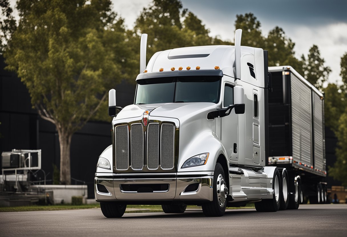 The Kenworth T680 semi truck parked on a flat, paved surface with the hood open, showing the engine and oil pressure gauge