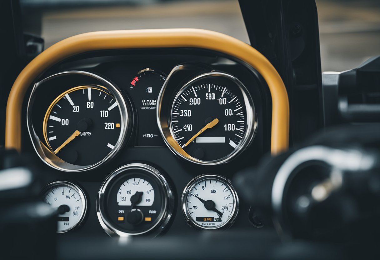 A Paccar engine in a semi truck, with a gauge showing normal oil pressure