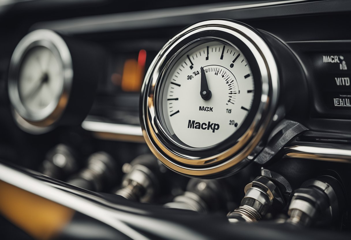 The semi truck engine, with the Mack MP8 logo visible, hums quietly as the oil pressure gauge sits comfortably within the normal range