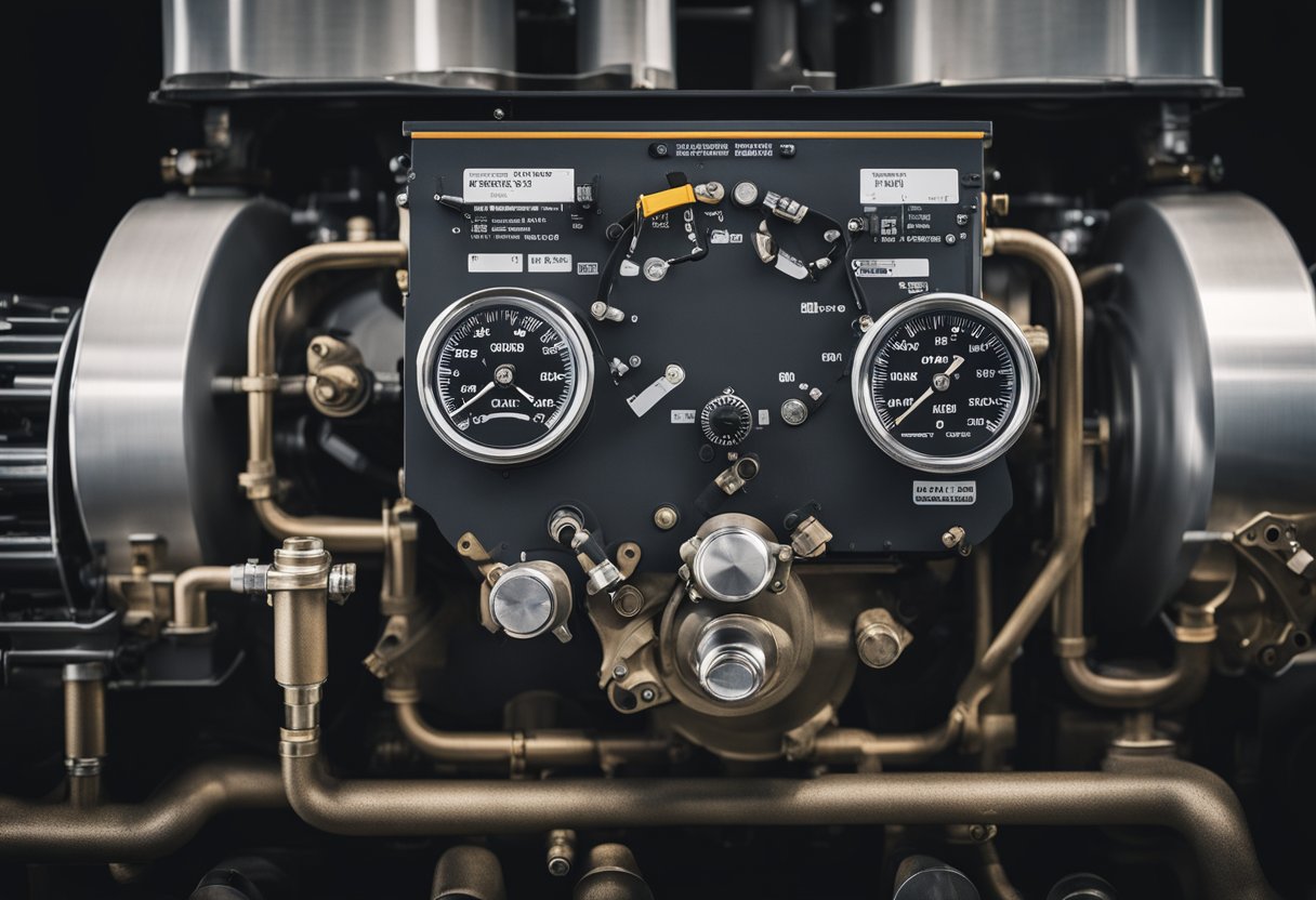 A semi-truck engine with a Mack E7 label, surrounded by oil pressure gauges and other engine components