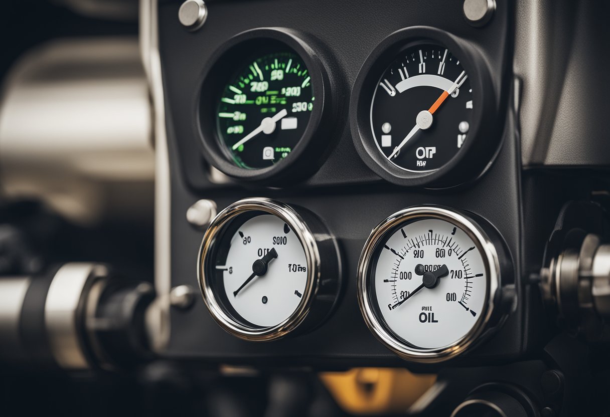 The semi truck's engine is shown with high oil pressure, indicated by a gauge. A separate illustration depicts normal oil pressure for comparison