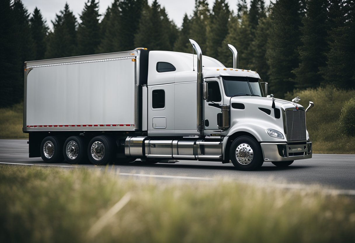 A semi truck parked on a level surface, with the hood open and an oil pressure gauge visible on the dashboard