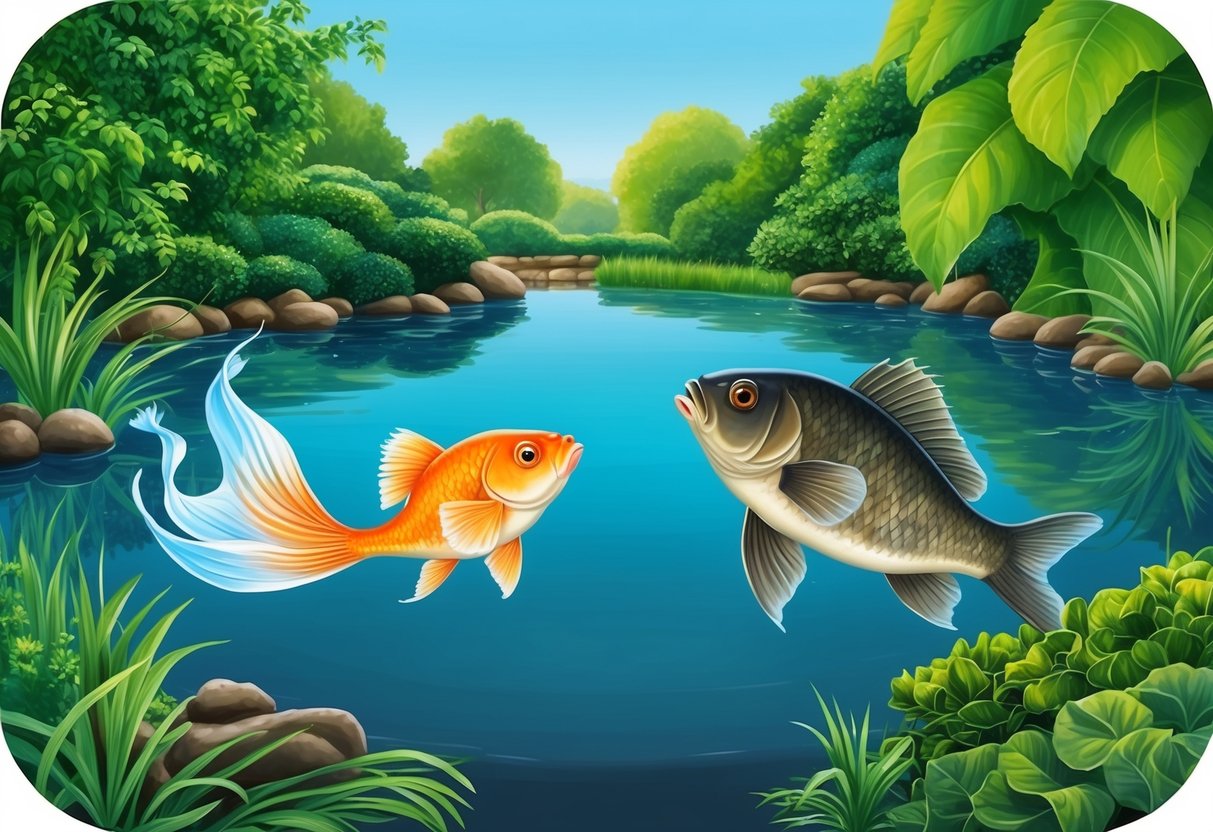 A serene pond with two fish, one graceful and dreamy, the other strong and grounded, swimming peacefully together amidst lush greenery