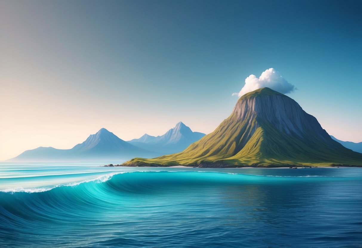 A serene ocean with a gentle, flowing current meets a sturdy, grounded mountain, symbolizing the emotional dynamics of Pisces and Taurus compatibility