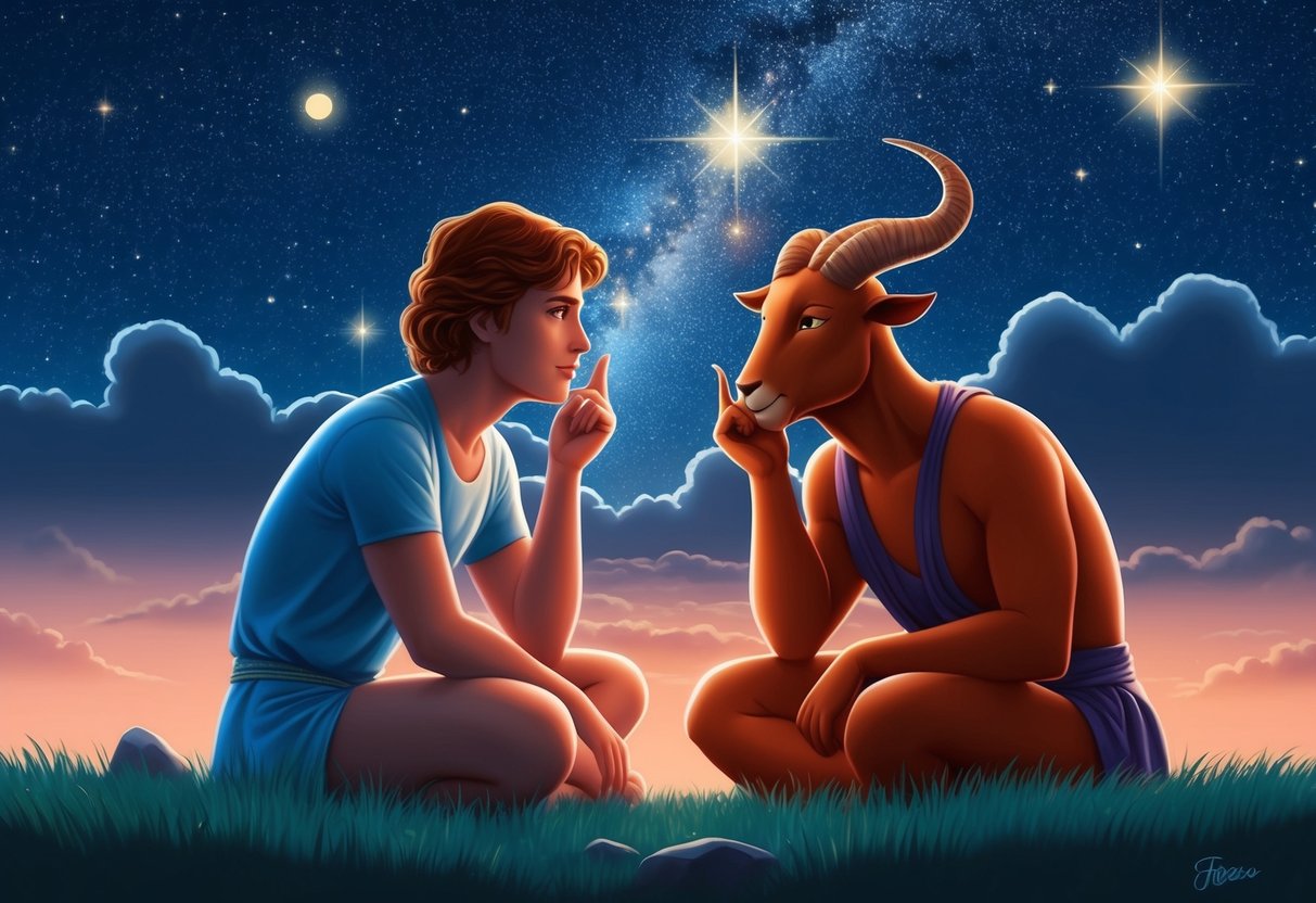 A pisces and taurus sharing deep conversations under a starry night sky