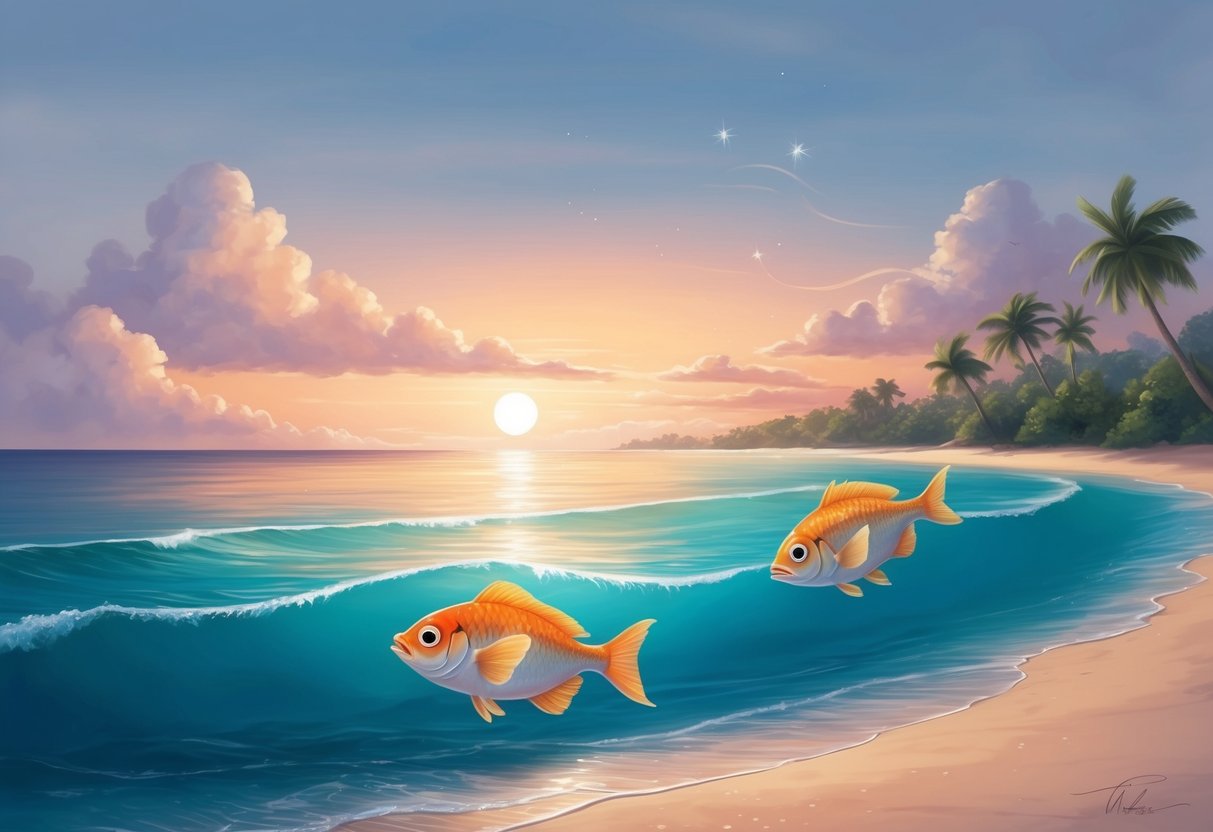 A serene beach at sunset, with a gentle breeze and two starry-eyed fish swimming together in the tranquil waters