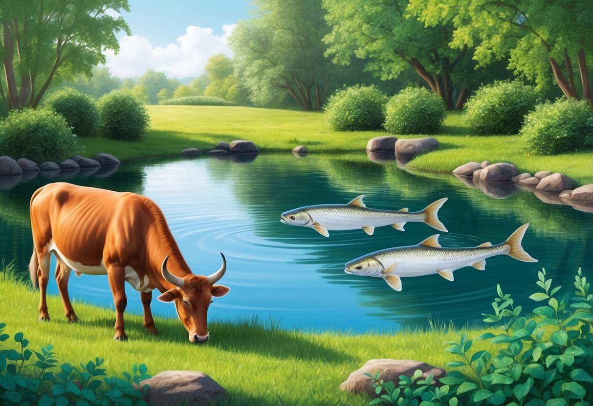 A tranquil pond surrounded by lush greenery, with a gentle taurus grazing peacefully as a pair of graceful pisces swim together in the clear water