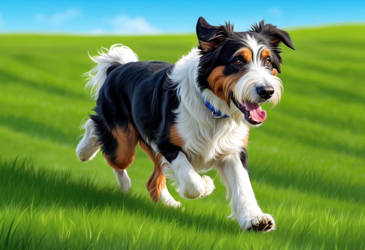 A Croatian Sheepdog dog running through a lush green meadow with a bright blue sky in the background