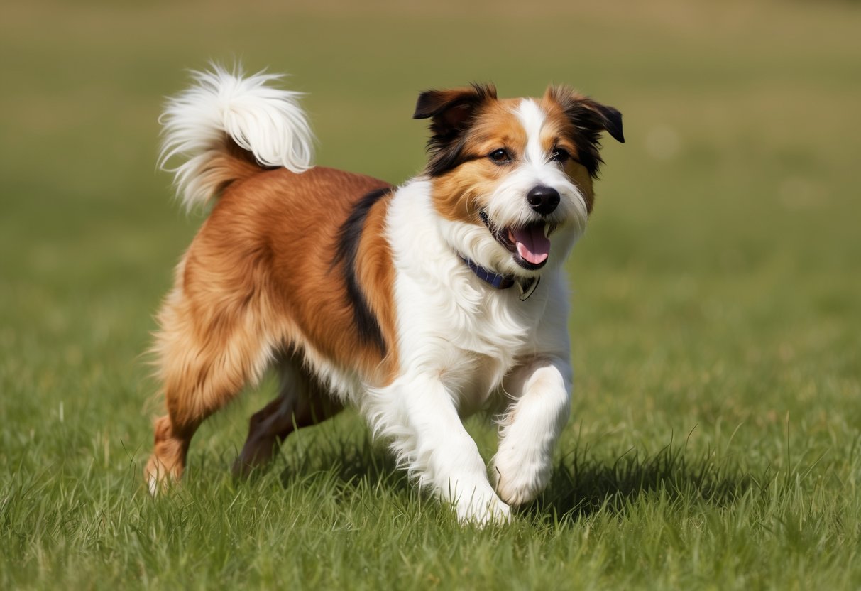 A Croatian Sheepdog dog playing in a grassy field, wagging its tail with a cheerful expression