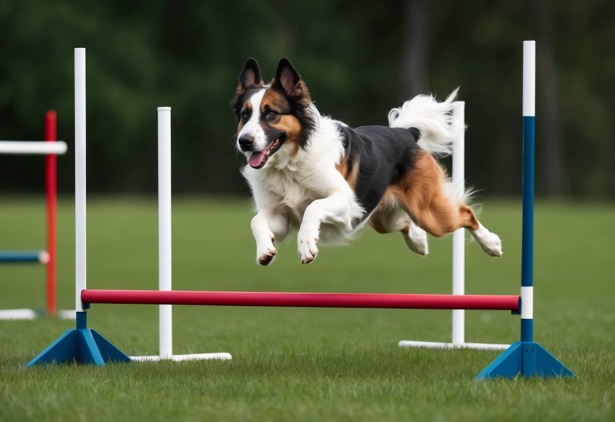 A Croatian Sheepdog dog running through an agility course, jumping over hurdles and weaving through poles during training and exercise