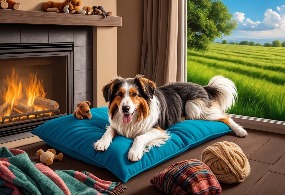 A Croatian Sheepdog lounges by a fireplace, surrounded by cozy blankets and toys. Outside, it runs through a lush green field, its long fur flowing in the wind