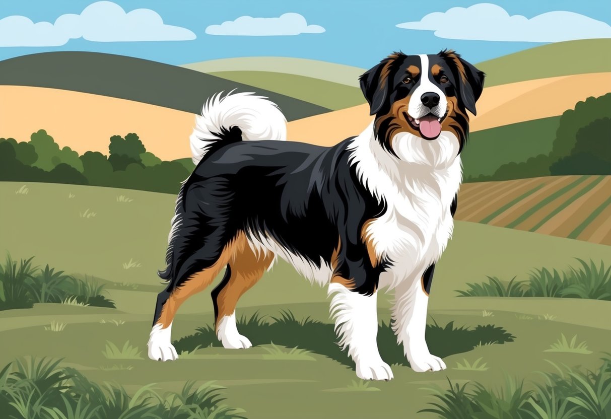 A Croatian Sheepdog stands proudly in a rural setting, surrounded by rolling hills and fields. Its medium-length, wavy coat and alert expression capture the breed's intelligence and agility