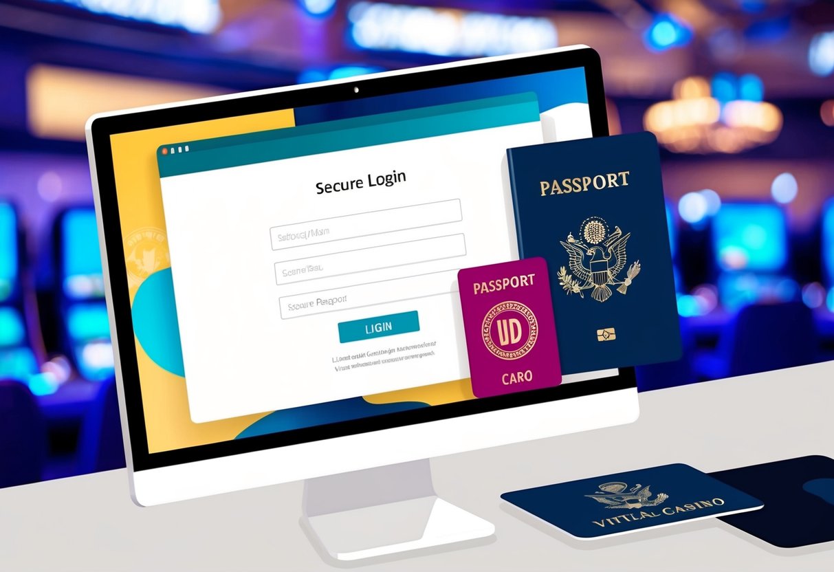 A computer screen displaying a secure login page with a passport and an identity card next to it. A virtual casino background is visible in the screen's reflection.