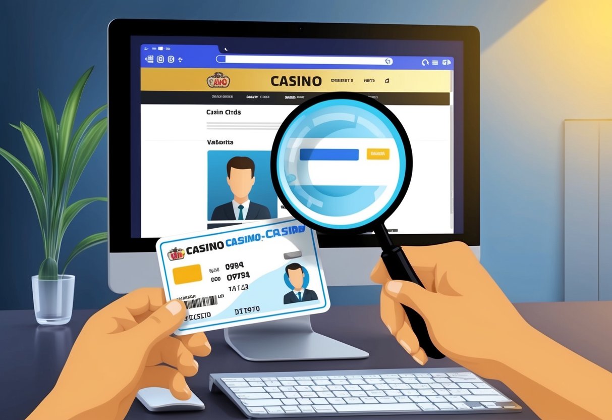 A person holding an identity card in front of a computer screen with a casino site open, while a magnifying glass hovers over the identity card.