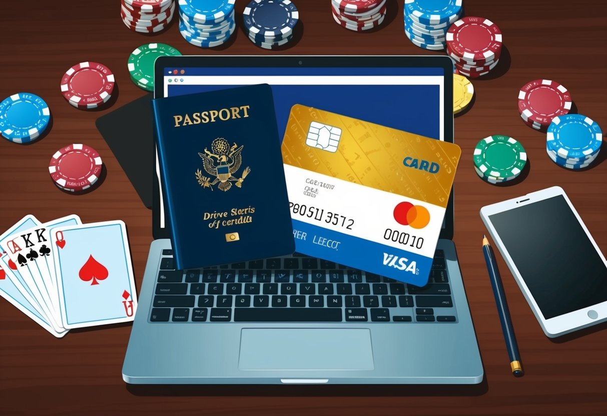 A laptop with a passport, a driving license, and a credit card on a desk, surrounded by casino chips and playing cards.