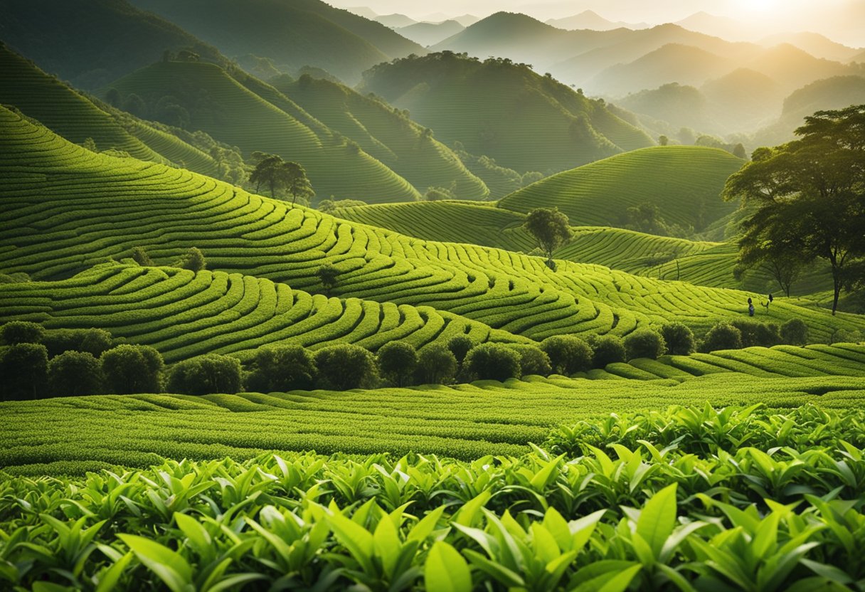 Uma serena plantação de chá verde com colinas exuberantes e onduladas, onde trabalhadores cuidadosamente colhem folhas de chá. O sol lança um brilho quente sobre os campos, criando uma atmosfera pacífica e convidativa.