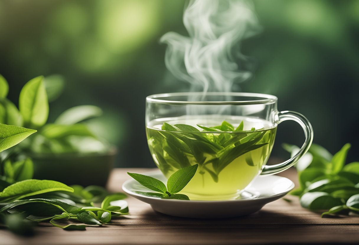 Uma cena serena de uma xícara fumegante de chá verde cercada por folhas de chá frescas e uma balança, evocando os benefícios da perda de peso e do bem-estar.