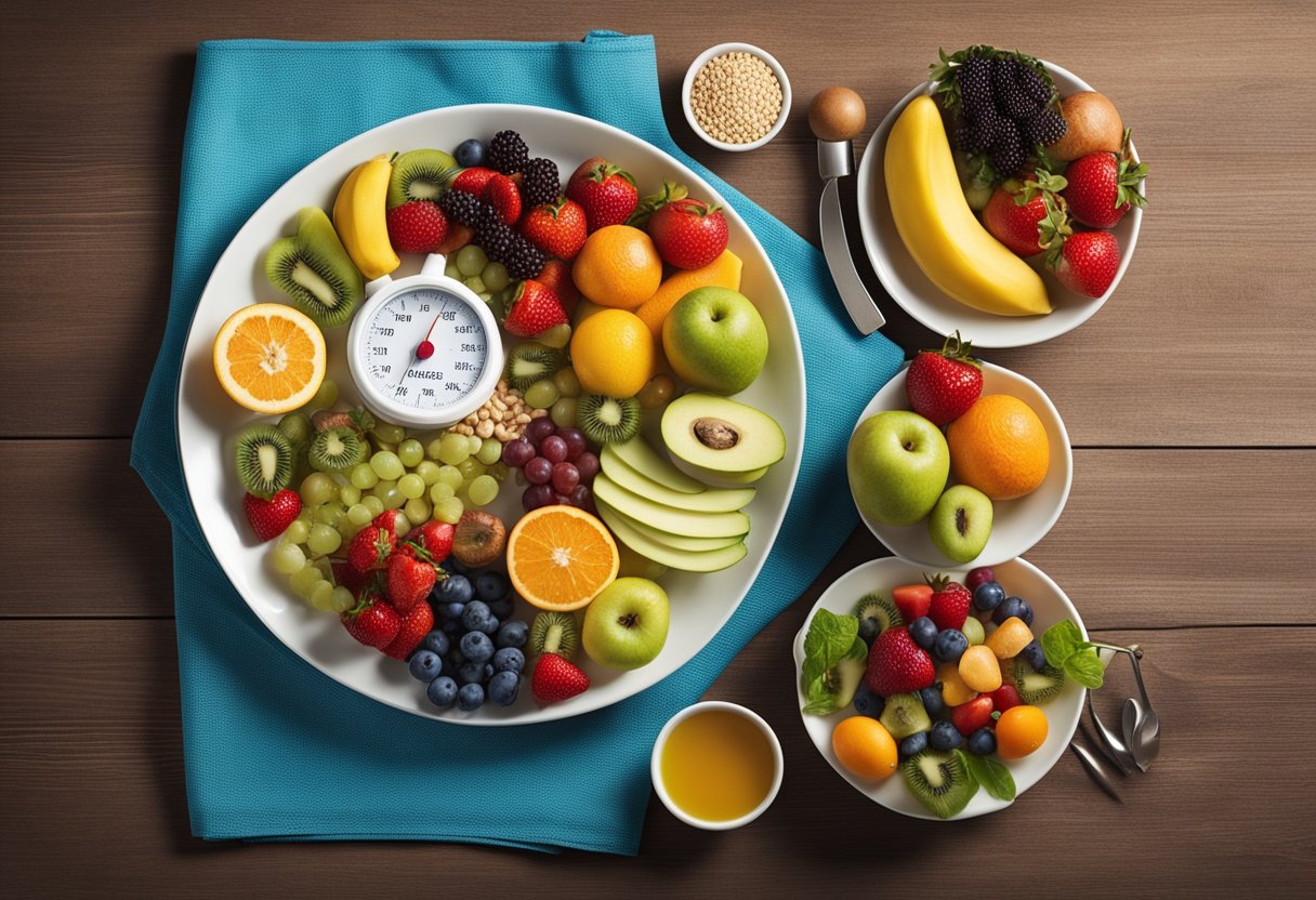 Um prato colorido cheio de uma variedade de frutas, vegetais, grãos integrais e proteínas magras, cercado por uma fita métrica e um monitor de frequência cardíaca.