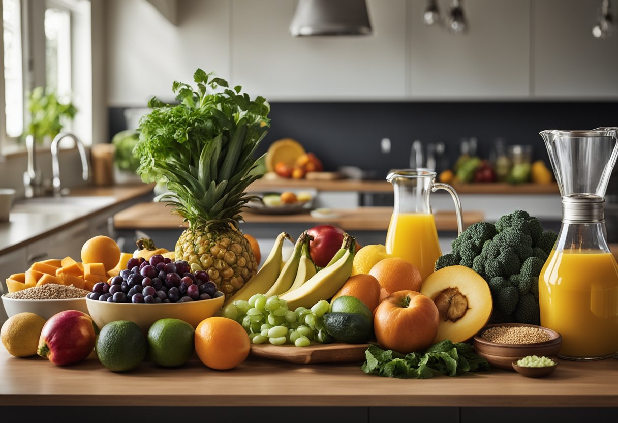 Uma variedade colorida de frutas frescas, vegetais, grãos integrais e proteínas magras dispostas em uma bancada de cozinha, com uma jarra de água e um copo medidor próximos.