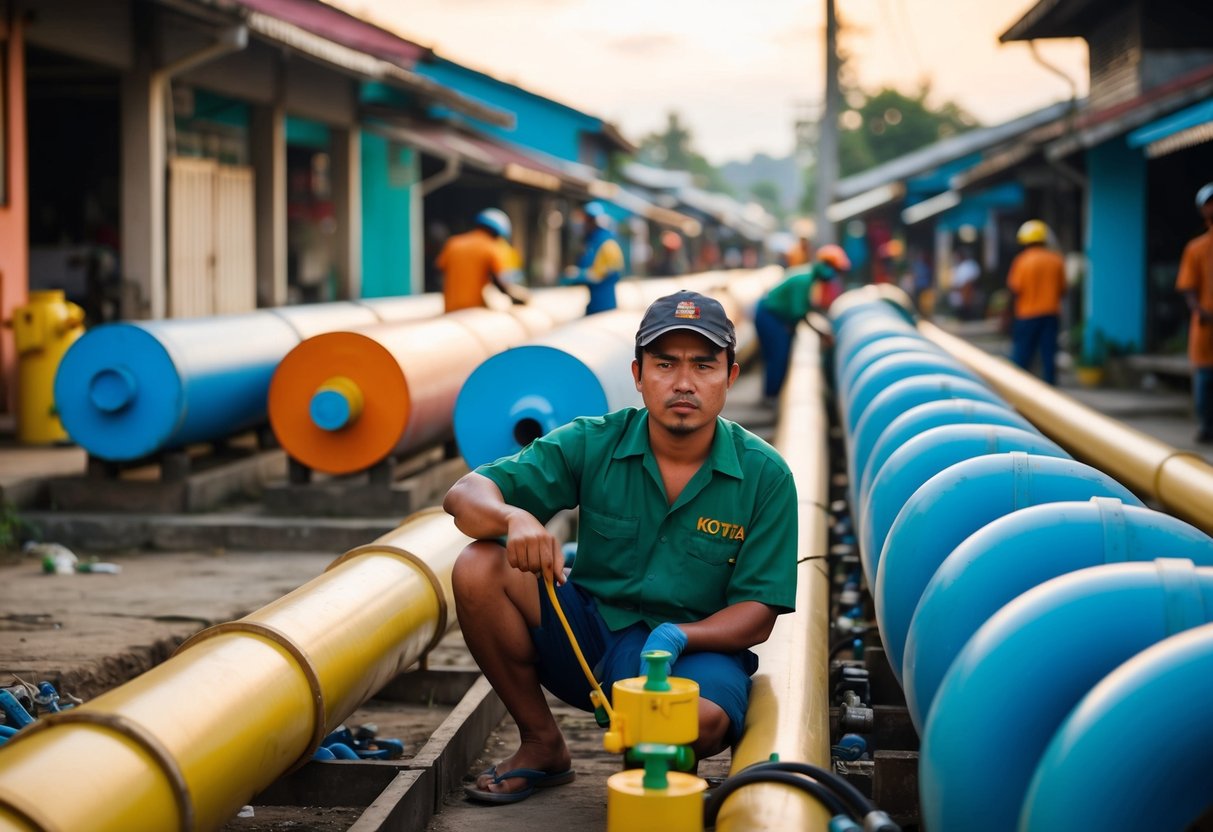 Sebuah bandar yang sibuk dengan barisan paip berwarna-warni dan pekerja di Kota Warisan