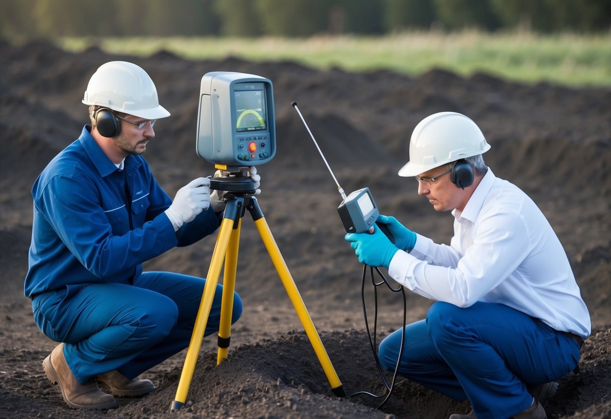 A technician uses a ground-penetrating radar to scan the soil for anomalies, while another technician uses a listening device to detect the sound of running water underground