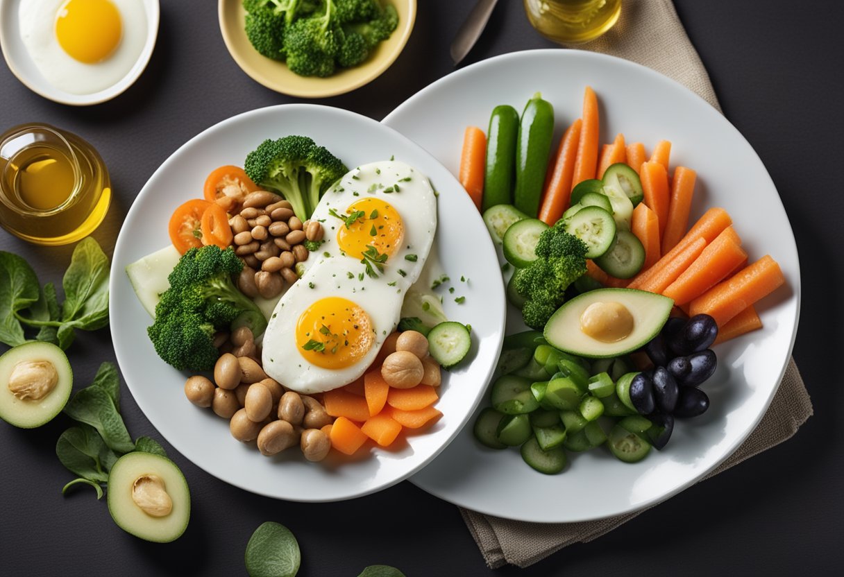 Uma mesa com dois pratos de comida: um com opções de baixo carboidrato, como vegetais e proteínas magras, e o outro com opções cetogênicas, como alimentos ricos em gordura e carboidratos mínimos.