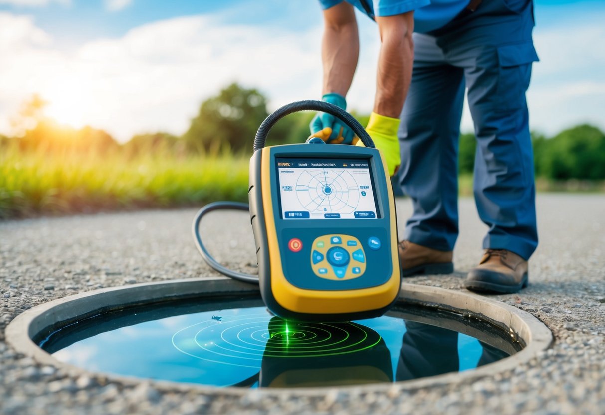 A plumber uses a ground-penetrating radar to locate a water leak underground