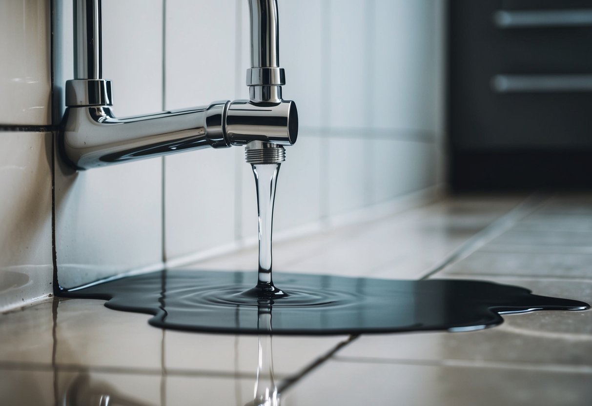 A faucet dripping steadily onto a puddle on the floor, water spreading and seeping into the cracks of the tiles