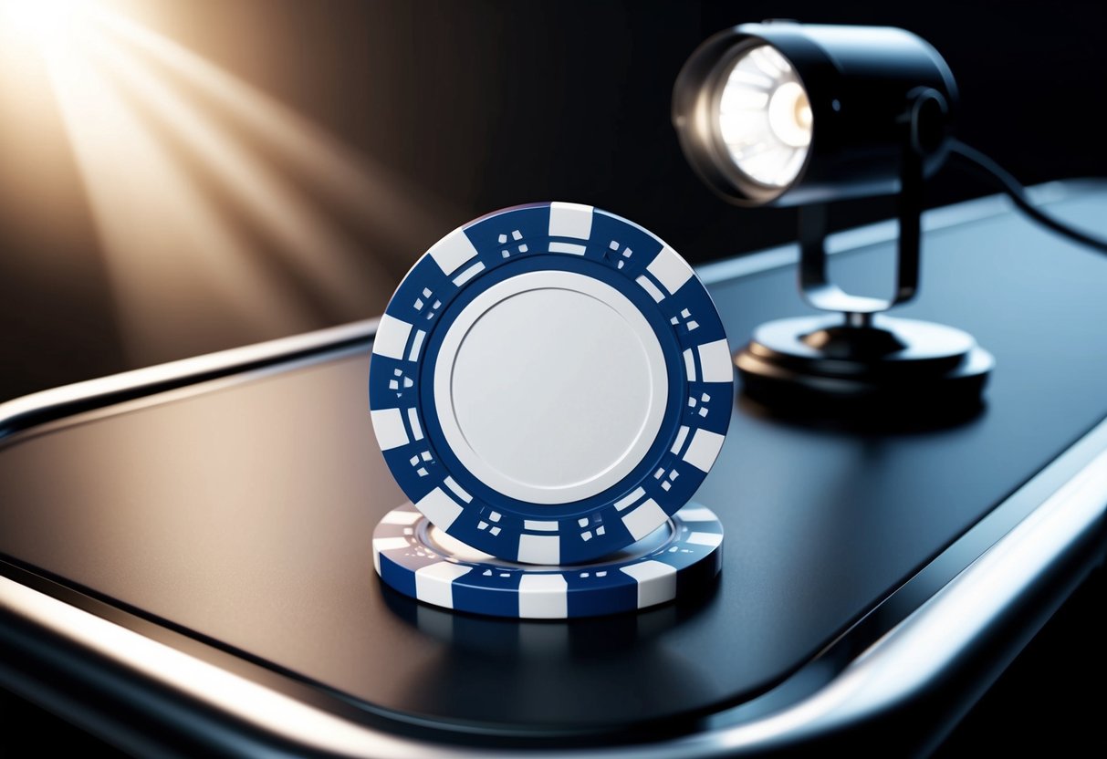 A casino chip resting on a modern, stylish table, with a spotlight illuminating it from above.