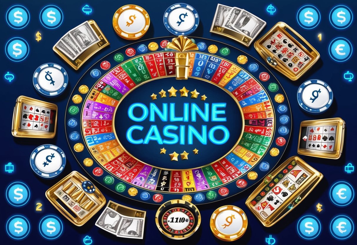 A colorful array of online casino games, from slot machines to card games, surrounded by digital icons of monetary symbols.